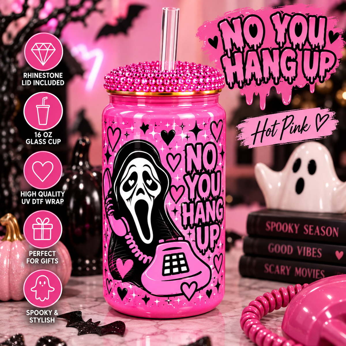 Halloween 16 oz Glass Cups with Rhinestone Lid