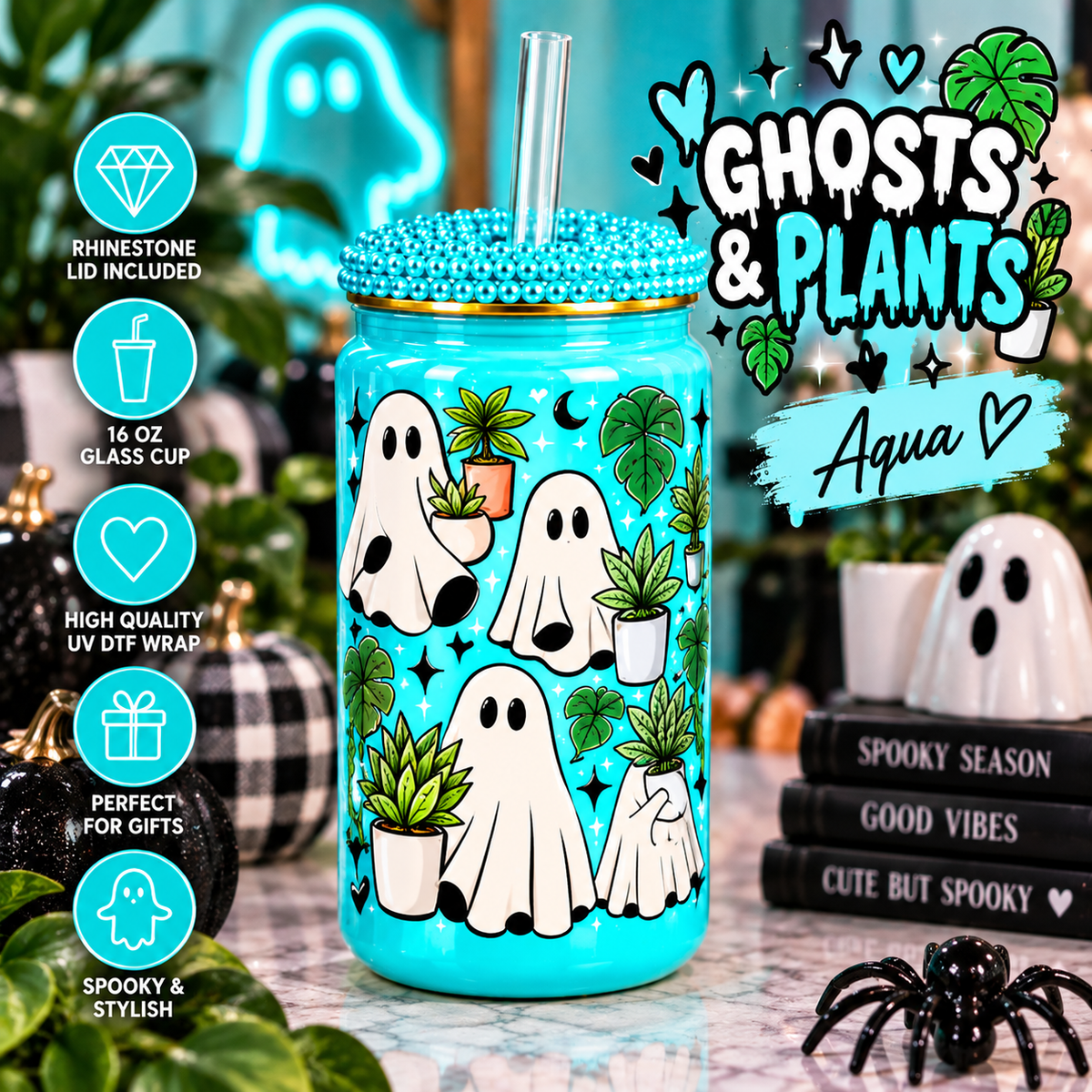 Halloween 16 oz Glass Cups with Rhinestone Lid