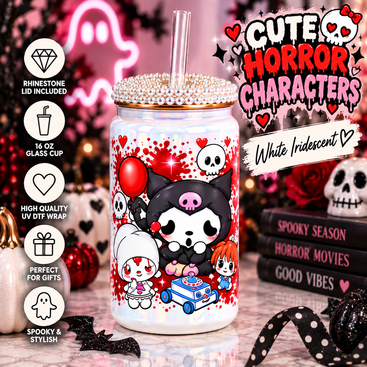 Halloween 16 oz Glass Cups with Rhinestone Lid