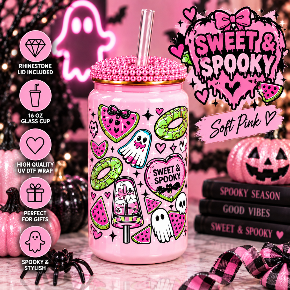Halloween 16 oz Glass Cups with Rhinestone Lid